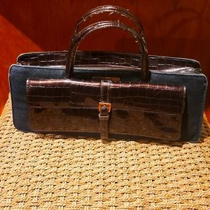 Dark denim Bill Bag with a brown crocodile front pocket